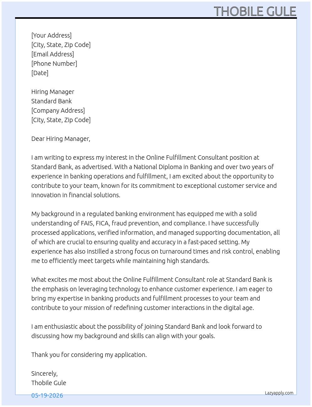 Online Fulfilment consultant At Standardbank Cover Letter