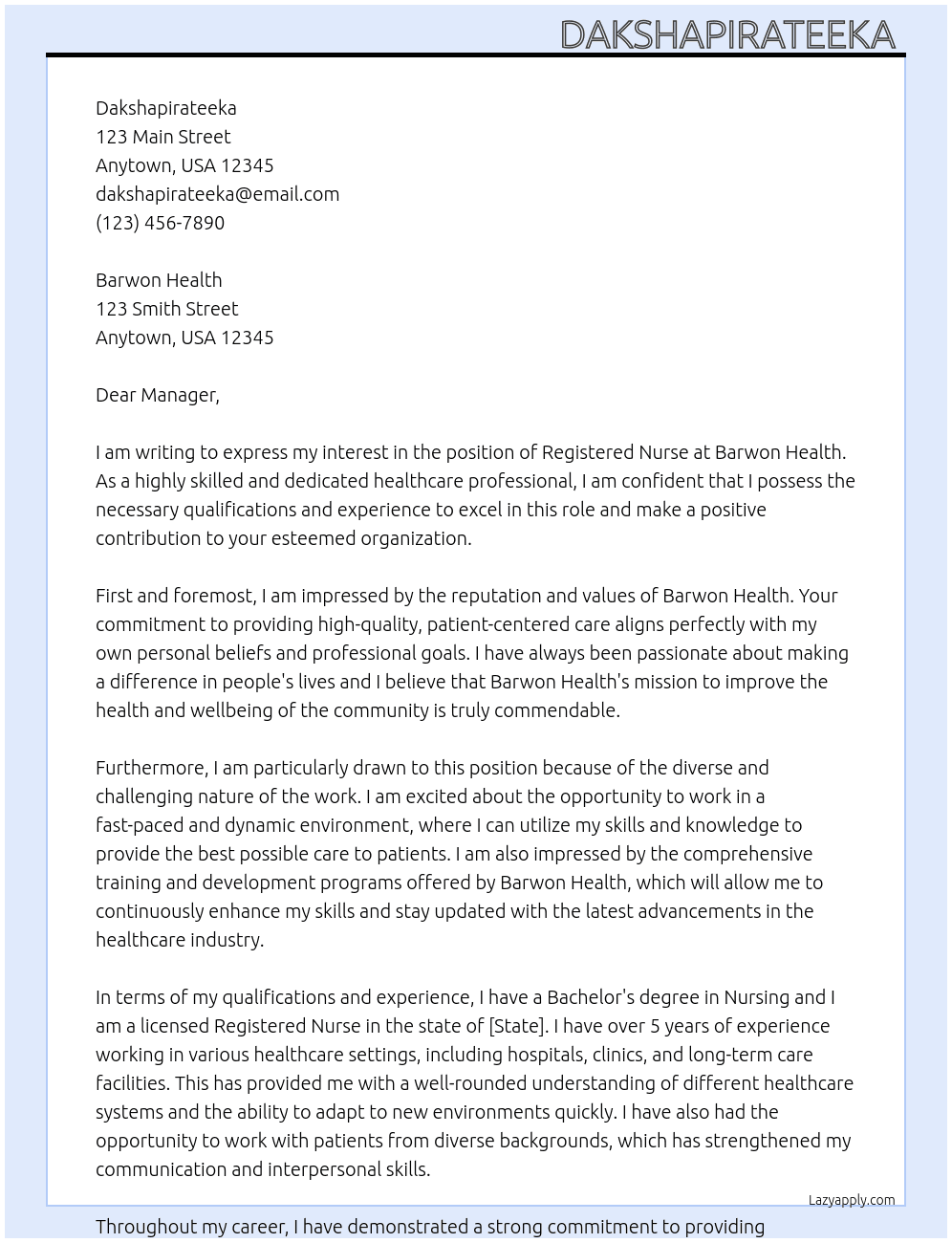 Registered nurse  At Barwon Health Cover Letter