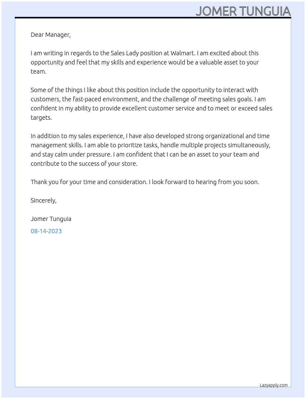 Sales lady At Walmart Cover Letter