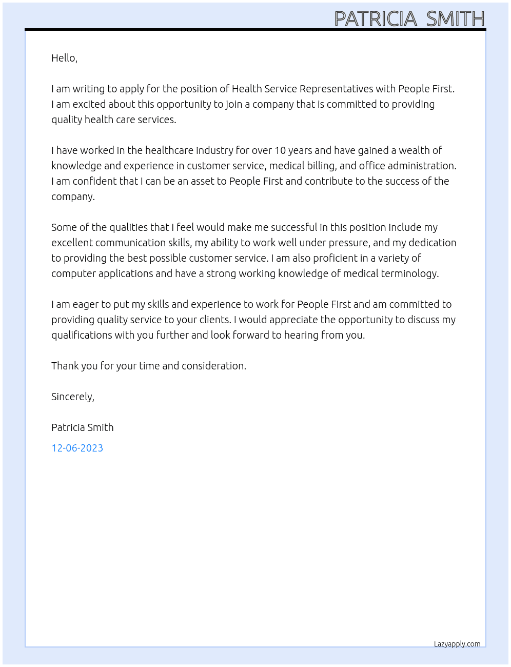 Health service representatives  At People first  Cover Letter