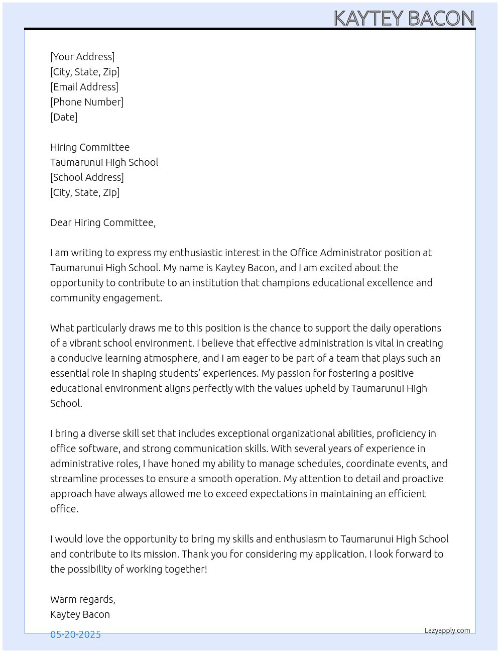 Office administrator  At Taumarunui High School Cover Letter