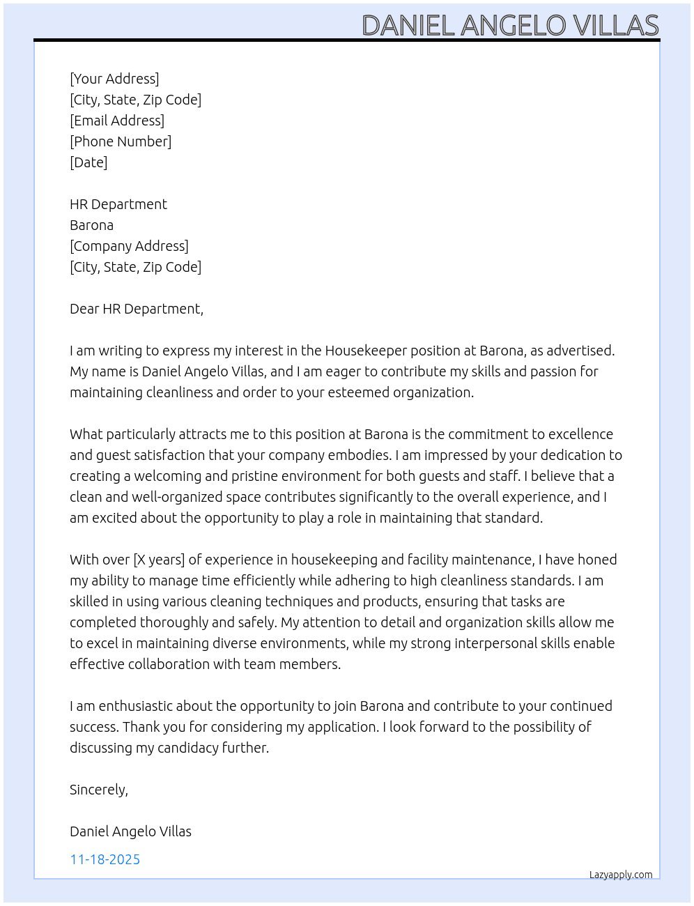 housekeeper At Barona Cover Letter
