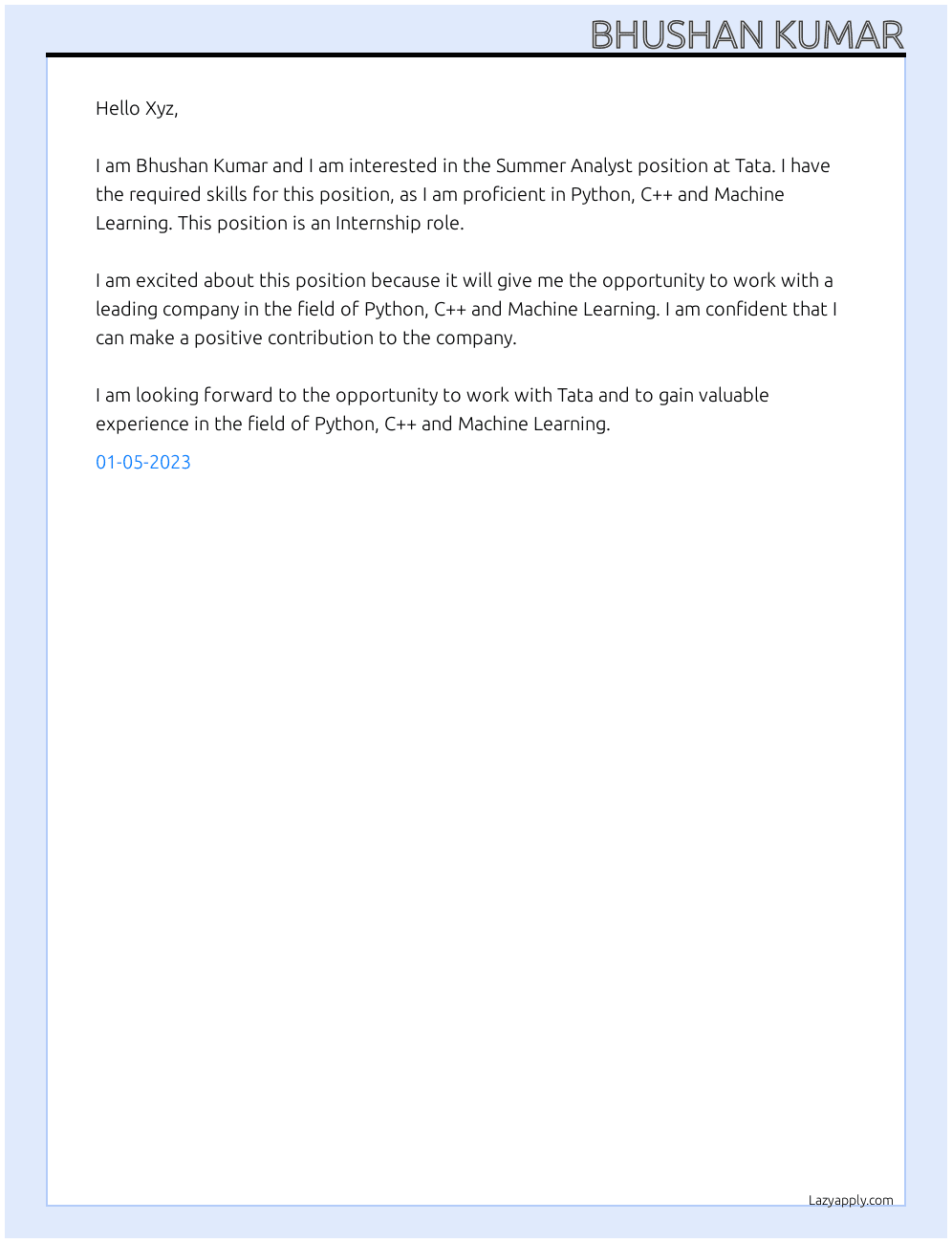 Summer Analyst At Tata Cover Letter