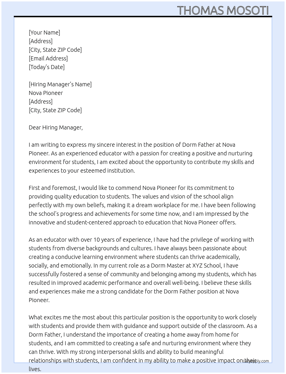 Dorm Father At Nova Pioneer  Cover Letter