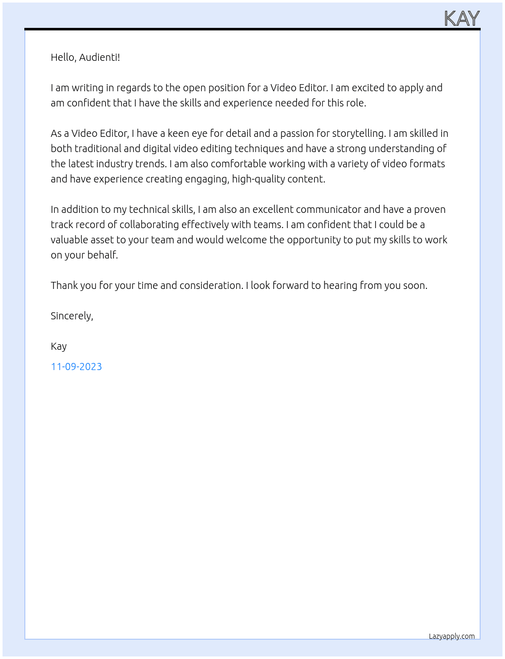 Video Editor At Audienti Cover Letter