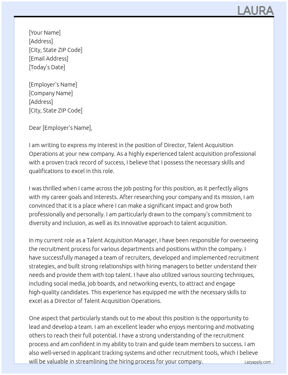 Director, Talent Acquisition Operations At new company Cover Letter