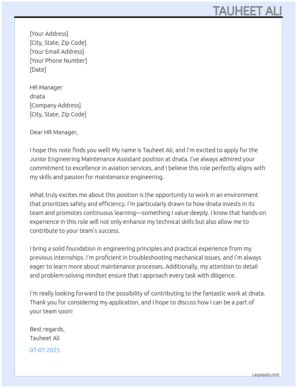 Junior Engineering Maintenance Assistant  At dnata Cover Letter
