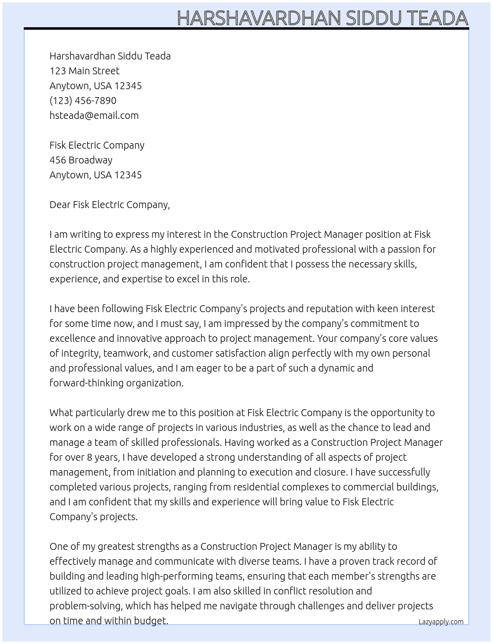 Construction Project Manager At Fisk Electric Company Cover Letter