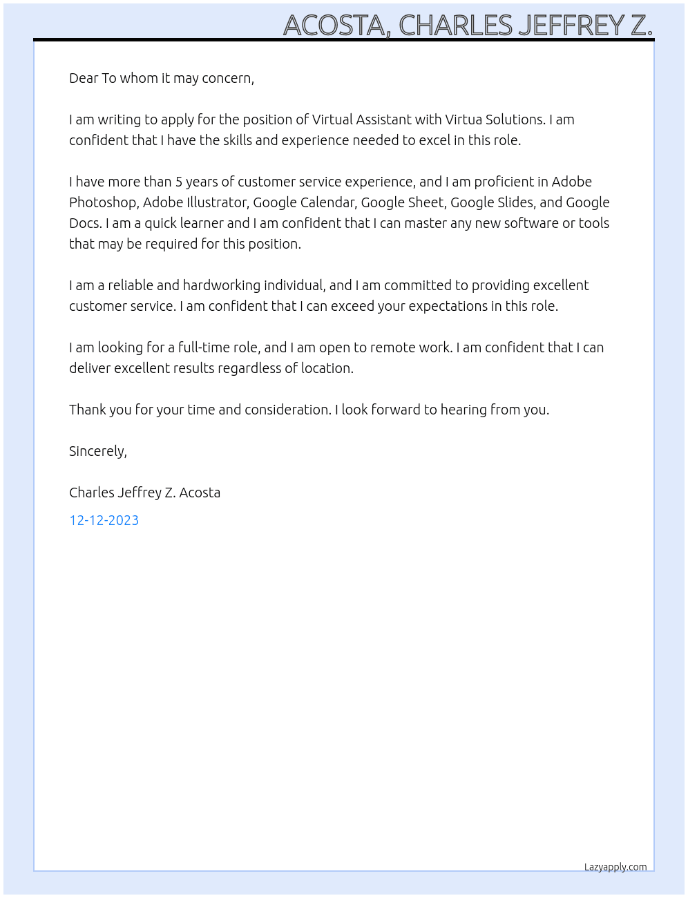 Virtual Assistant At Virtua Solutions Cover Letter