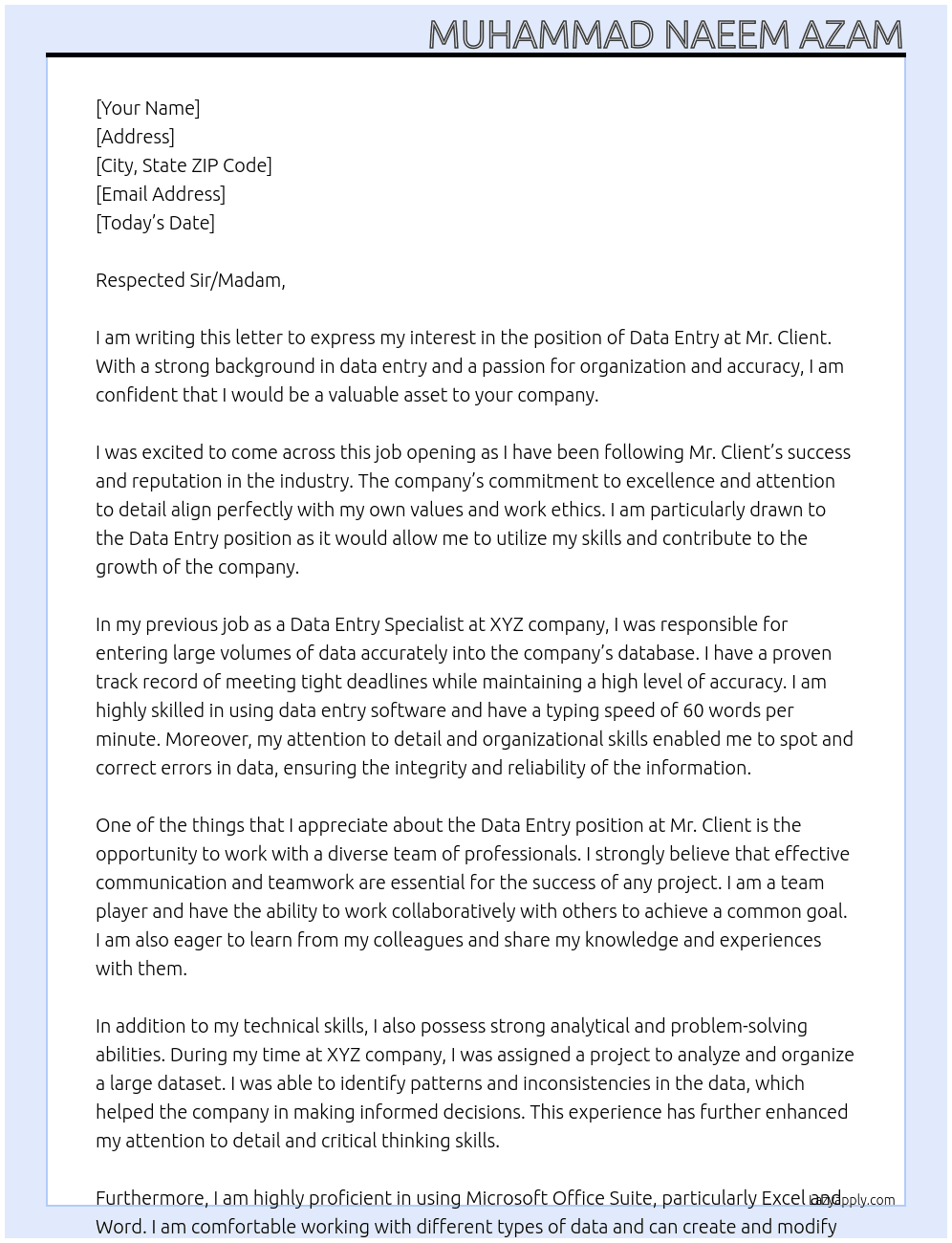 Data entry  At Mr. Client  Cover Letter