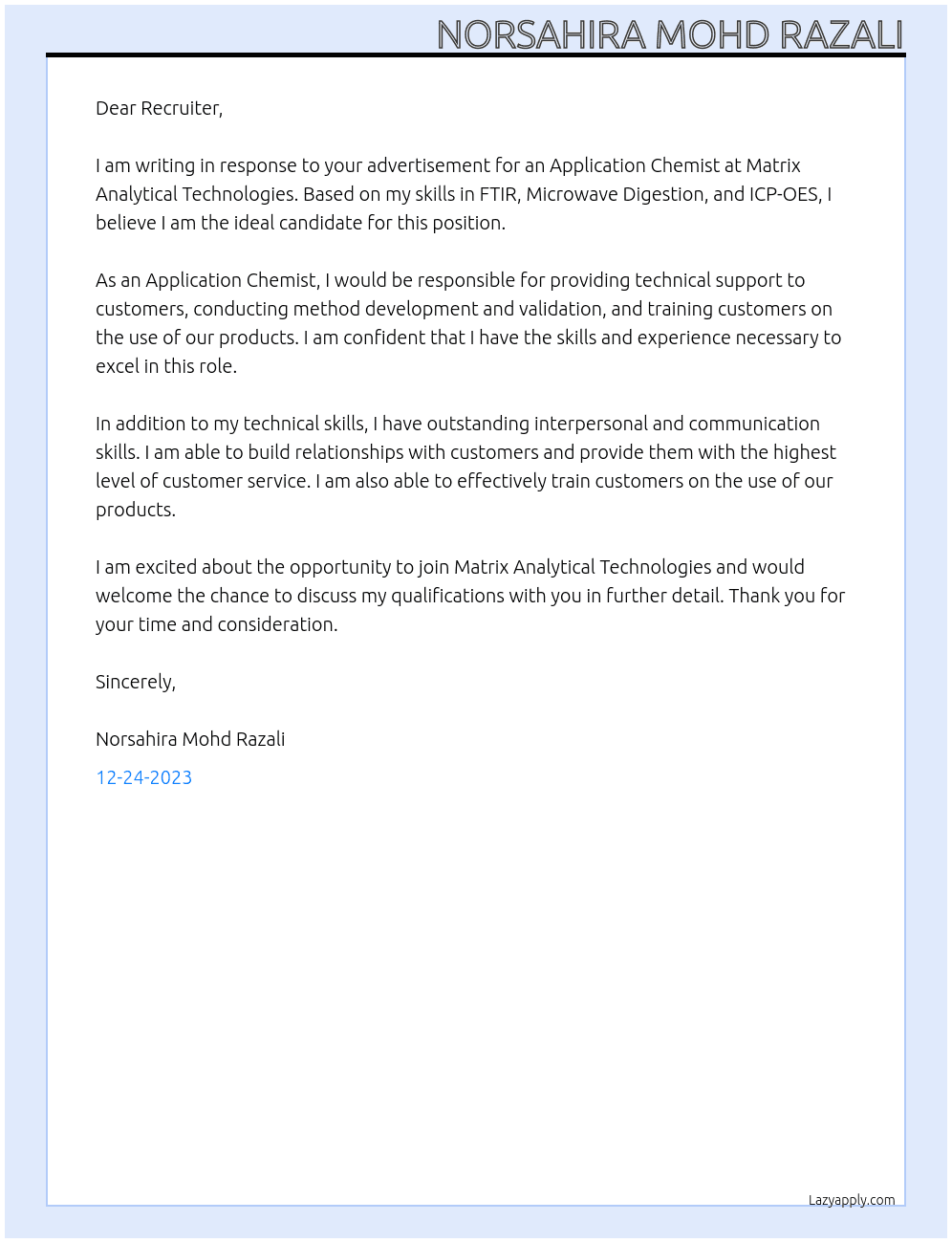 Application Chemist At Matrix Analytical Technologies Cover Letter