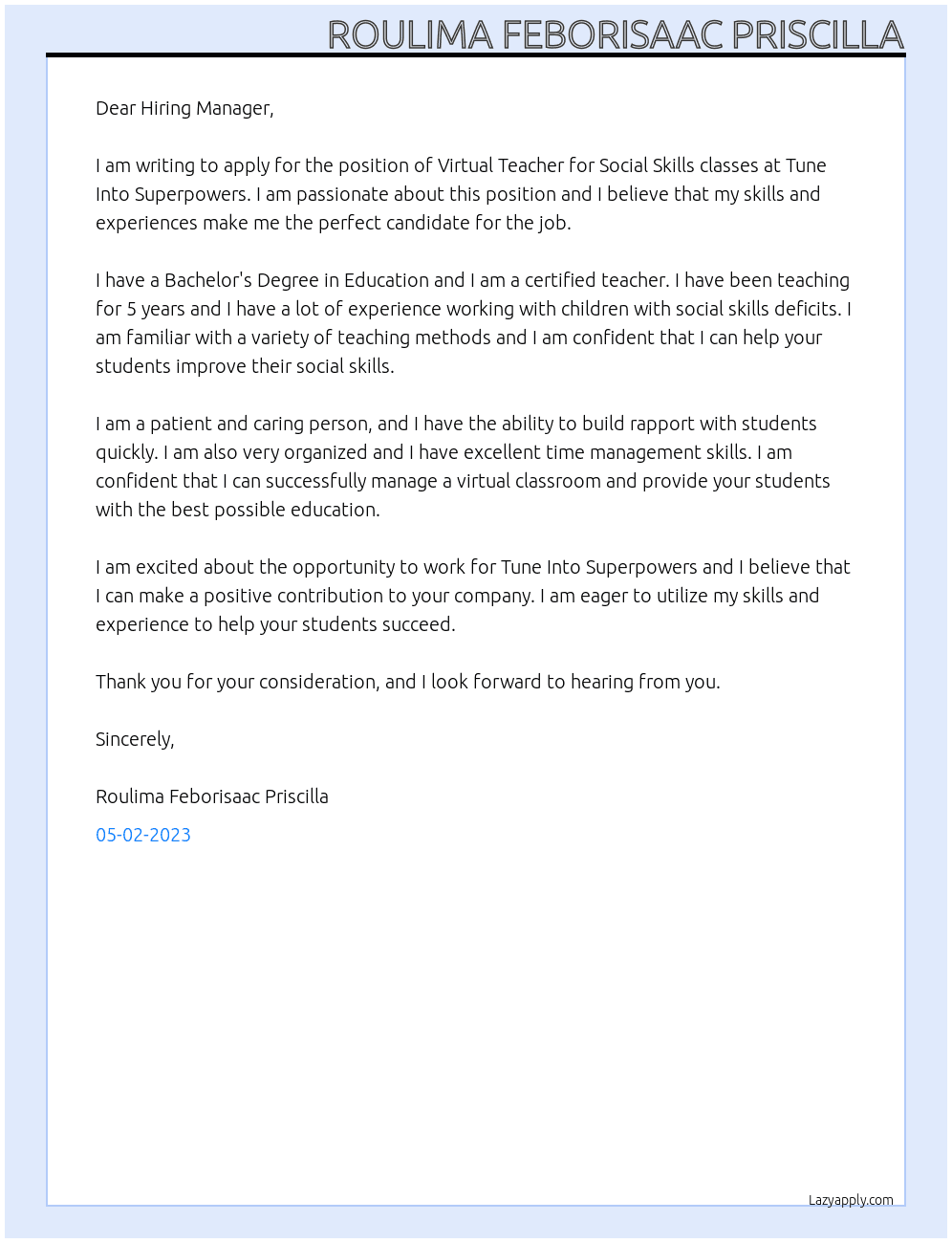 Virtual Teacher for Social Skills classes At Tune Into Superpowers  Cover Letter
