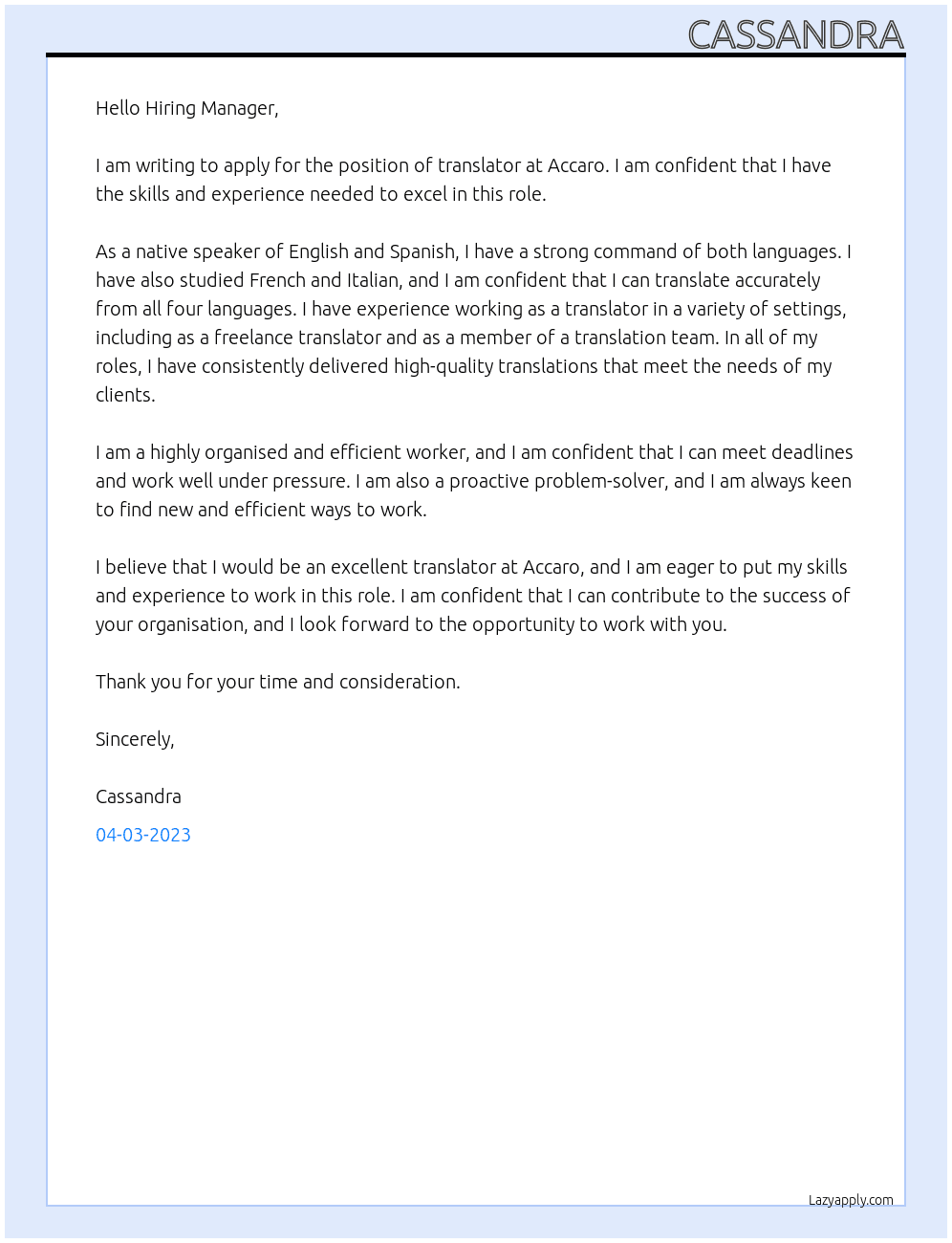 Translator At accaro Cover Letter