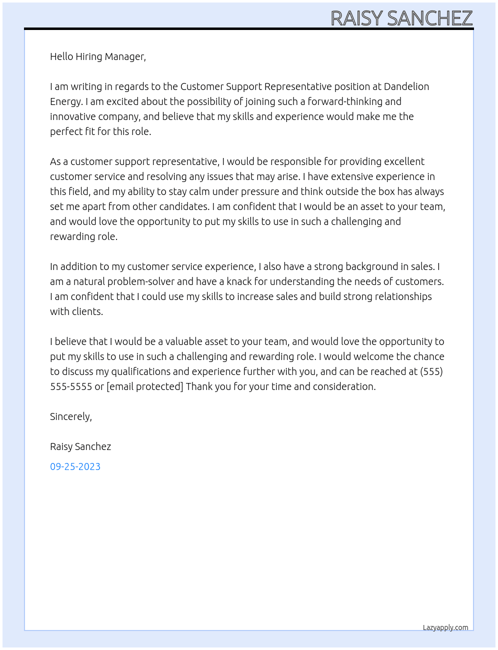 Customer Support Representative At Dandelion Energy Cover Letter