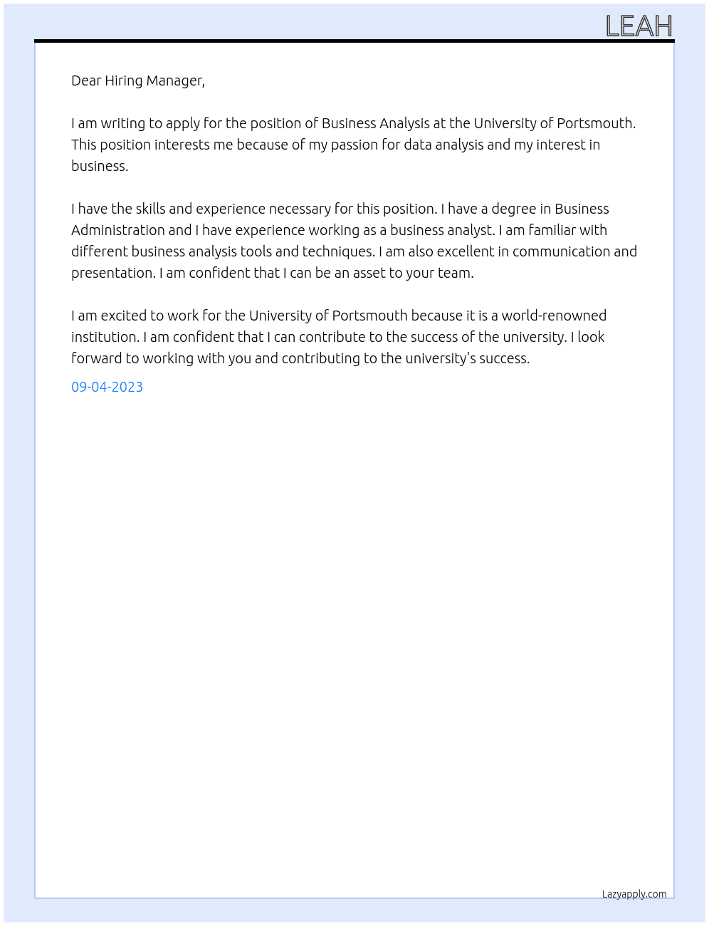 Business Analysis At University of Portsmouth Cover Letter