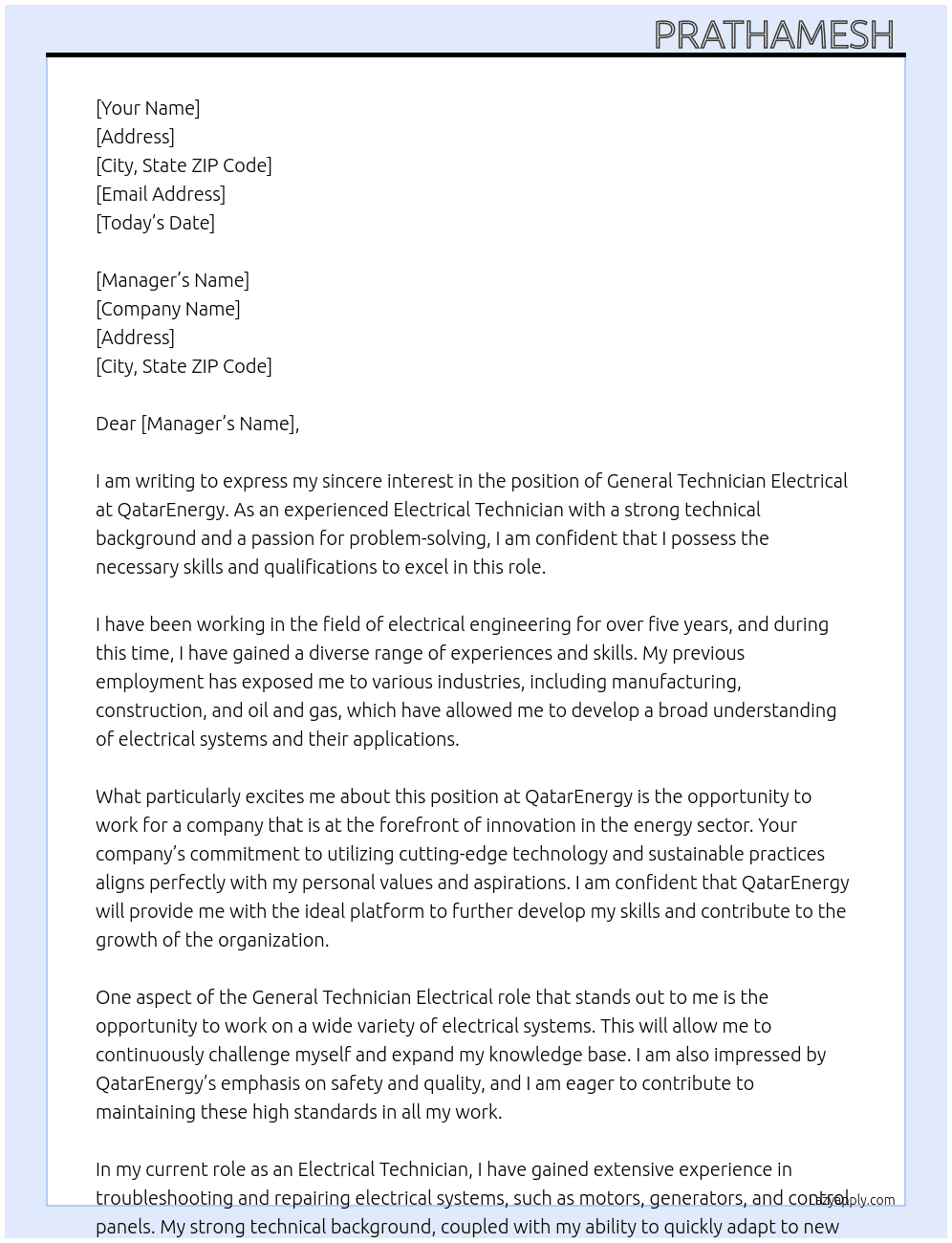 GENERAL TECHNICIAN ELECTRICAL At QatarEnergy Cover Letter