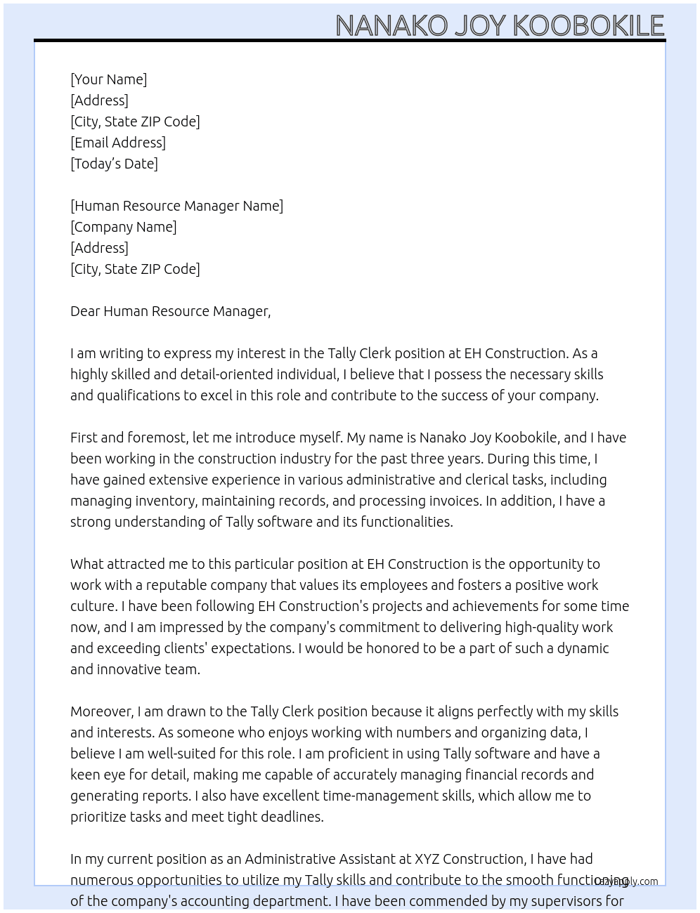 Tally Cleck At EH CONSTRUCTION Cover Letter