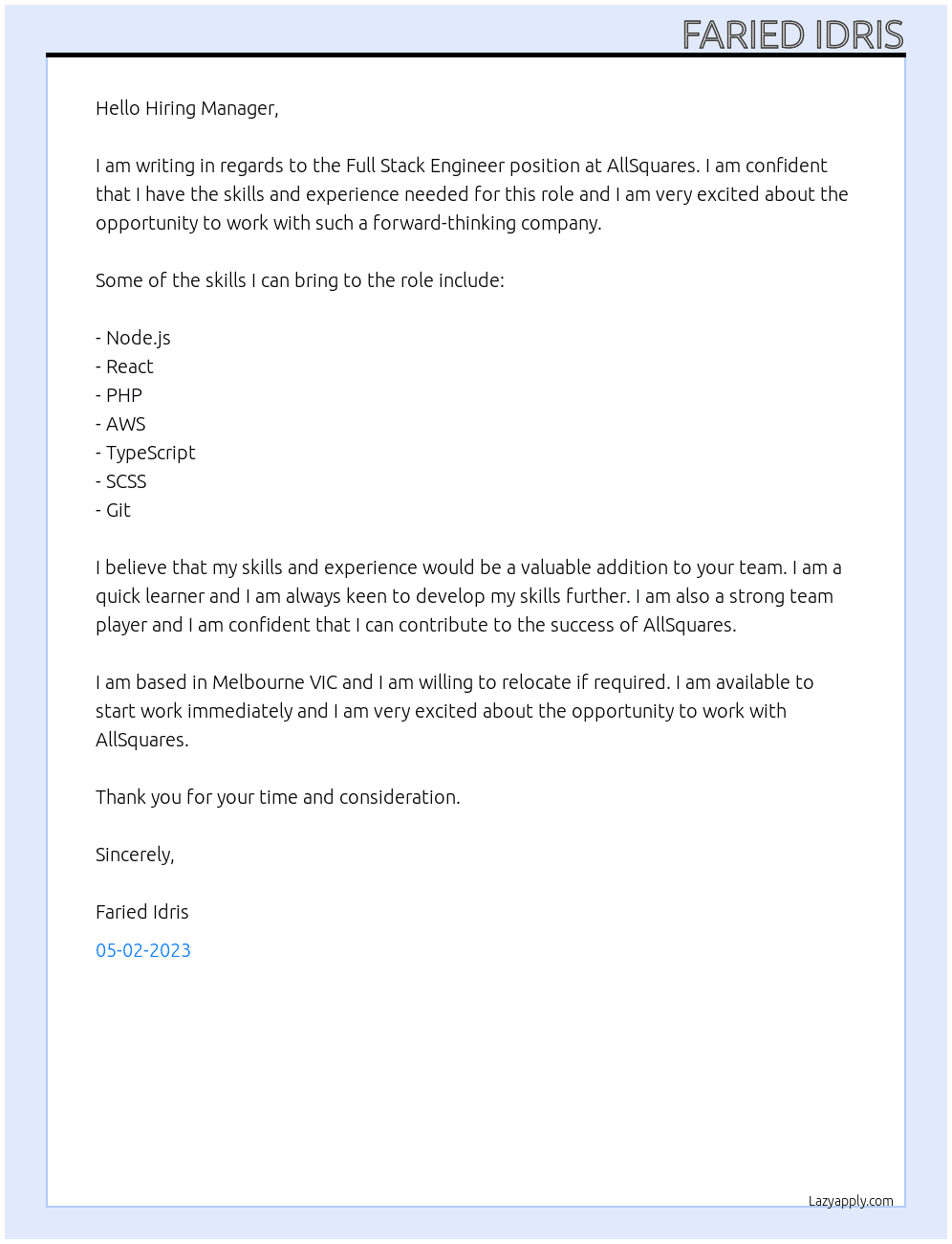 Full Stack Engineer At AllSquares Cover Letter