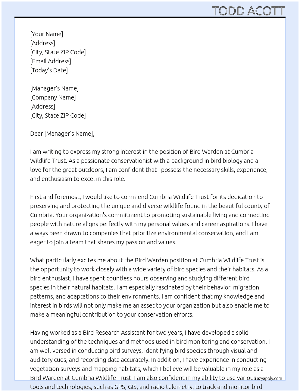 Cover letter for bird warden - LazyApply