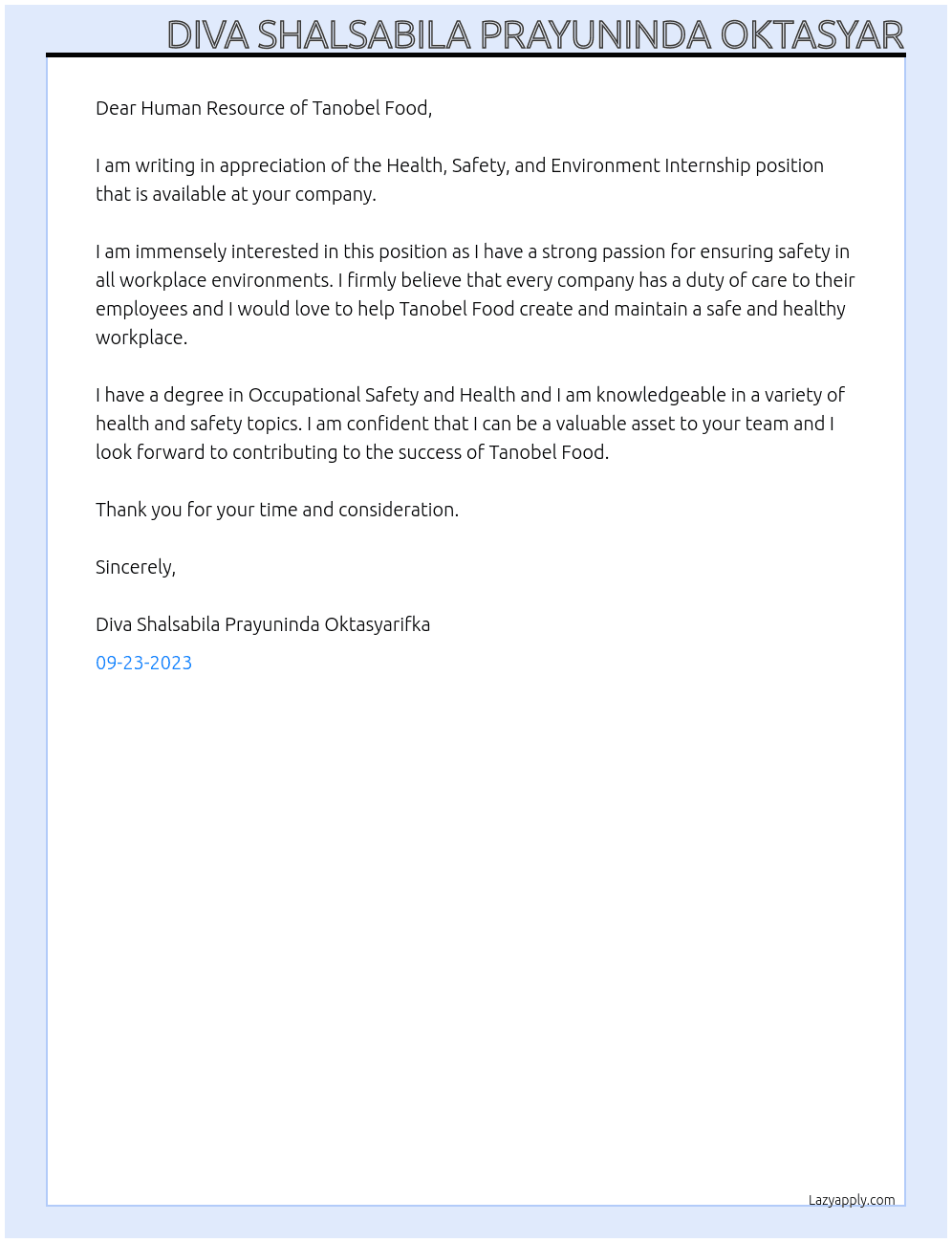 Health, Safety, and Environment Internship At Tanobel Food Cover Letter