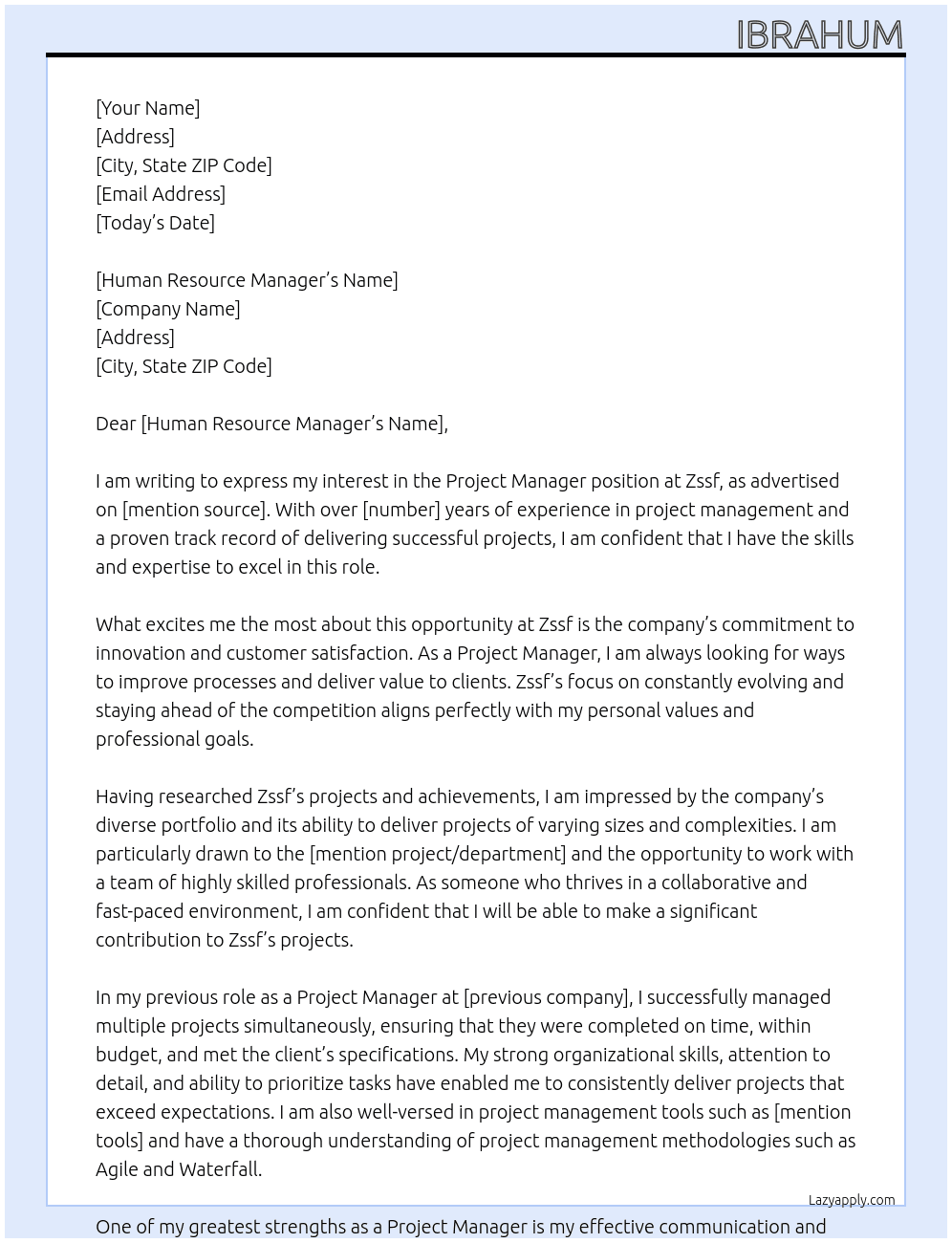 Project manager At Zssf Cover Letter