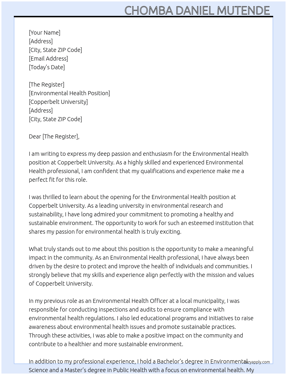 Environmental Health  At Copper belt university  Cover Letter
