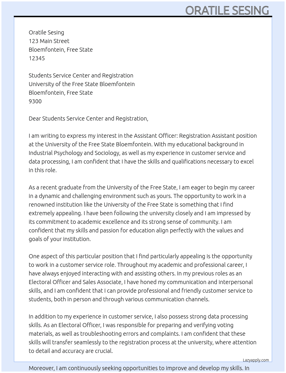 Assistant Officer: registration assistant At University of the free state Bloemfontein Cover Letter