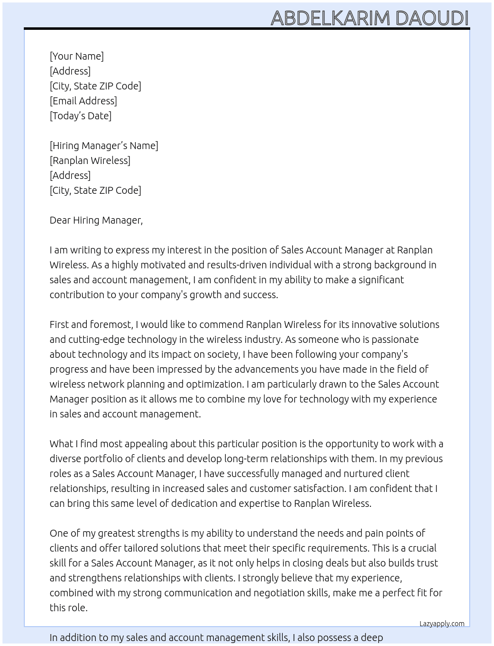 Sales Account Manager At Ranplan Wireless Cover Letter