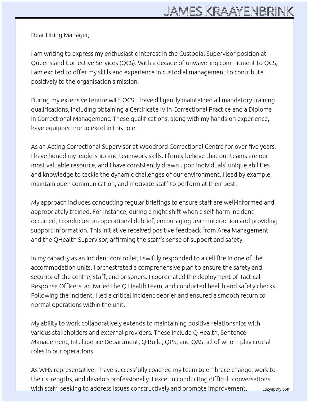Correctional Supervisor At QLD Government Cover Letter