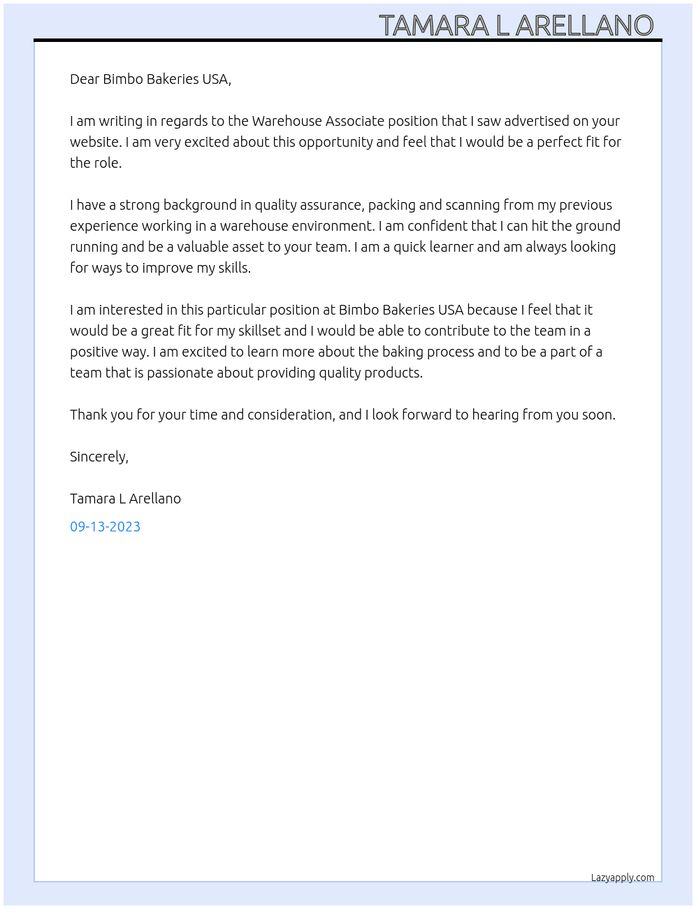 Warehouse Associate  At Bimbo Bakeries USA Cover Letter
