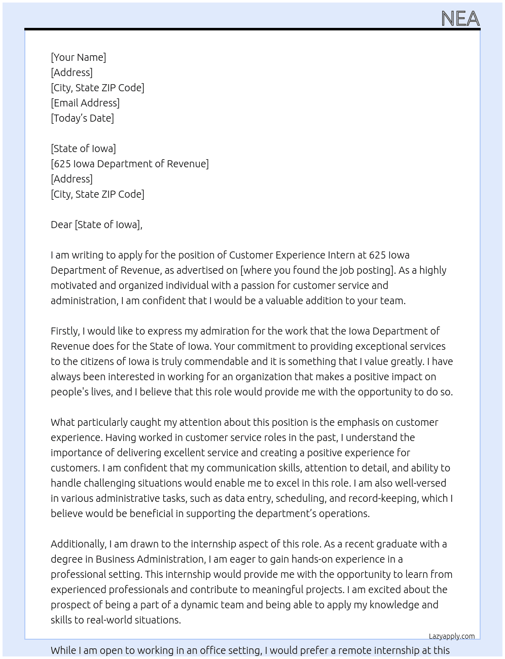 Customer Experience Intern At 625 Iowa Department of Revenue Cover Letter