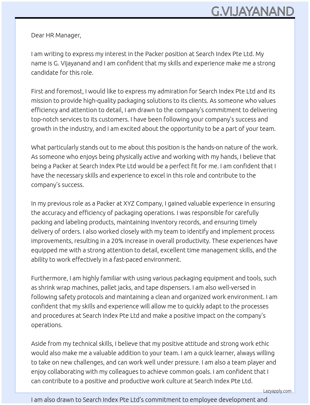 Packer At Search index pte ltd Cover Letter
