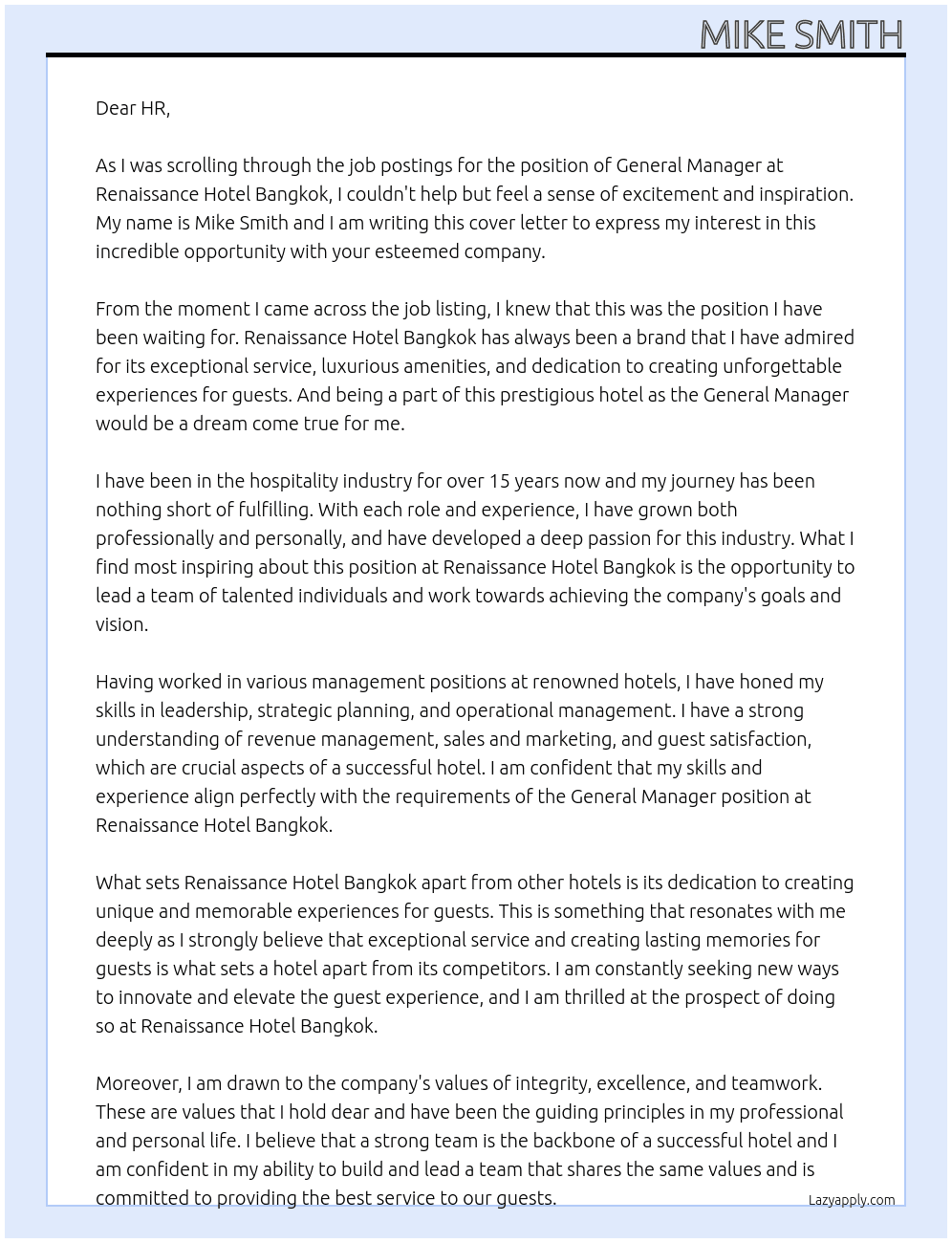 General Manager Ranaissance Hotel Bangkok At Renaissance Cover Letter