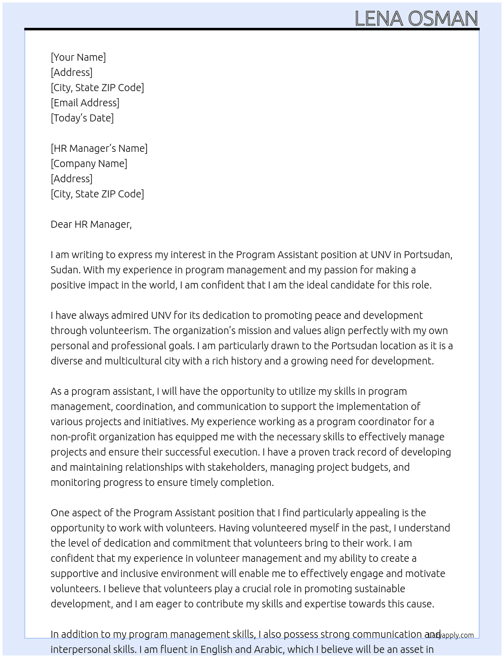 program assistant At UNV Cover Letter