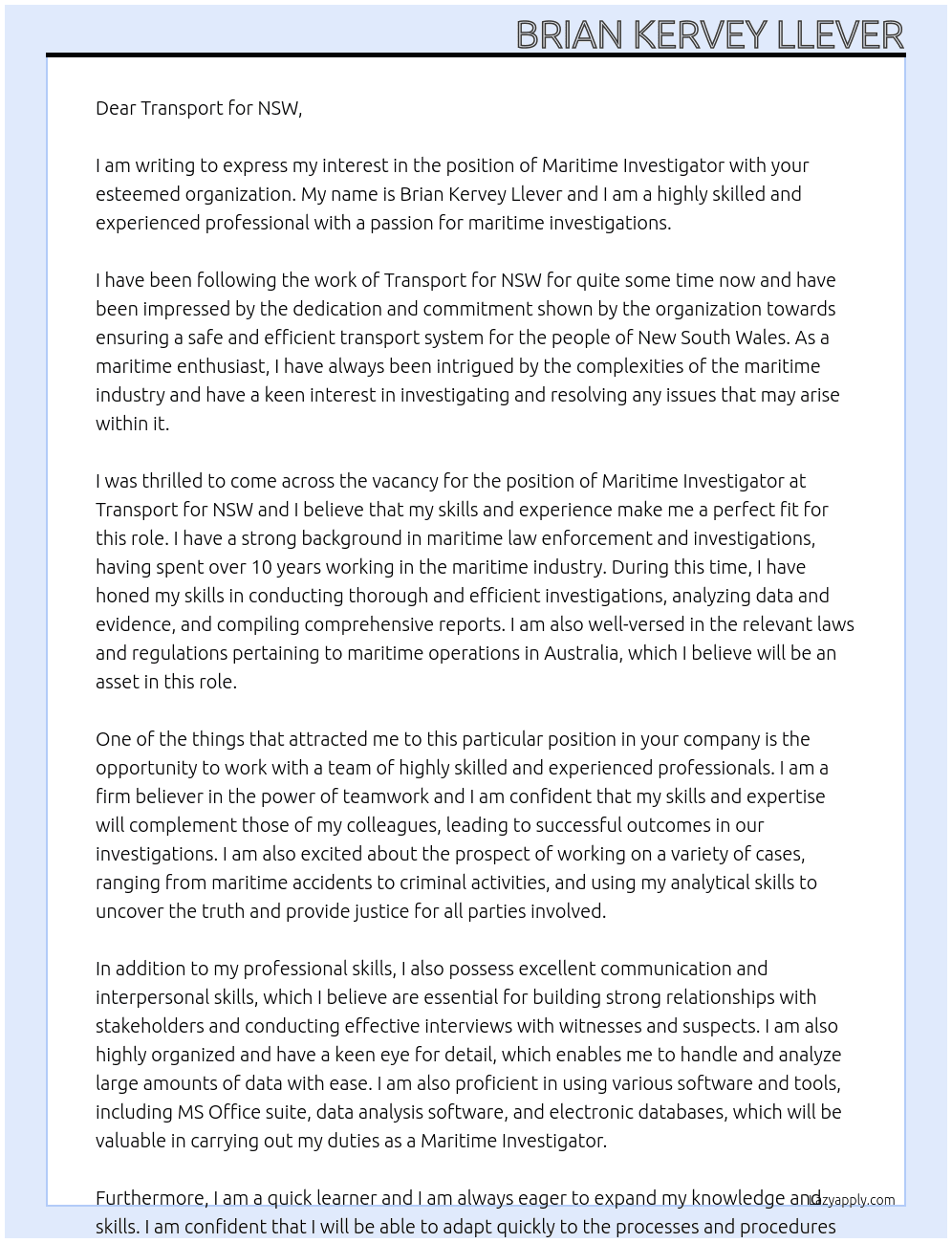 Maritime Investigator At Transport for NSW Cover Letter