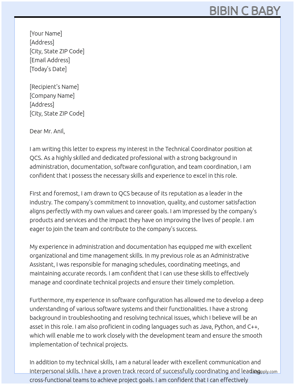 Technical coordinator  At QCS Cover Letter