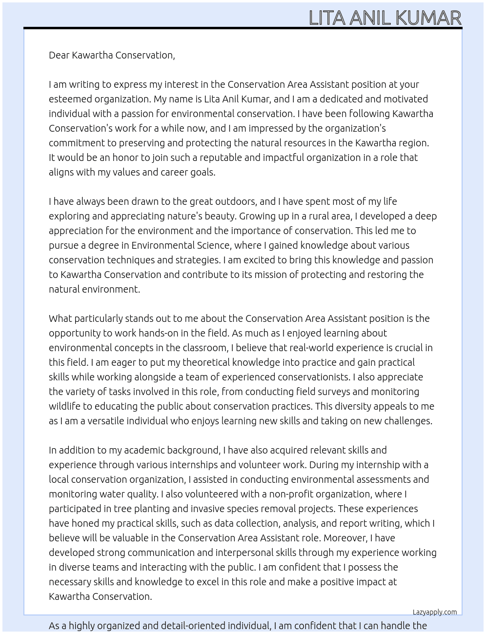conservation area assistant  At Kawartha conservation  Cover Letter