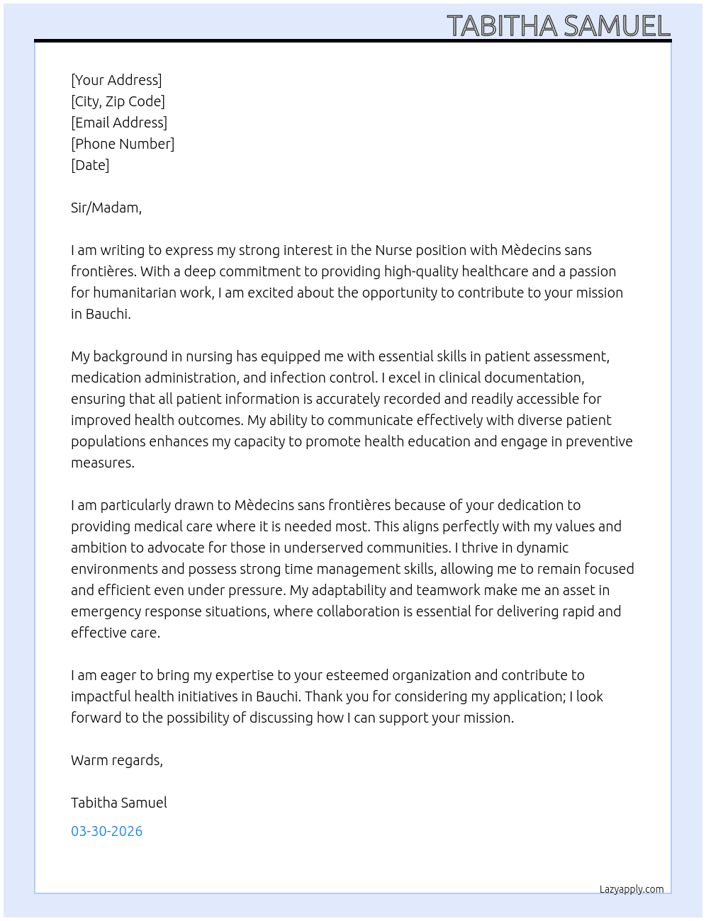 Nurse At Mèdecins sans frontières Cover Letter