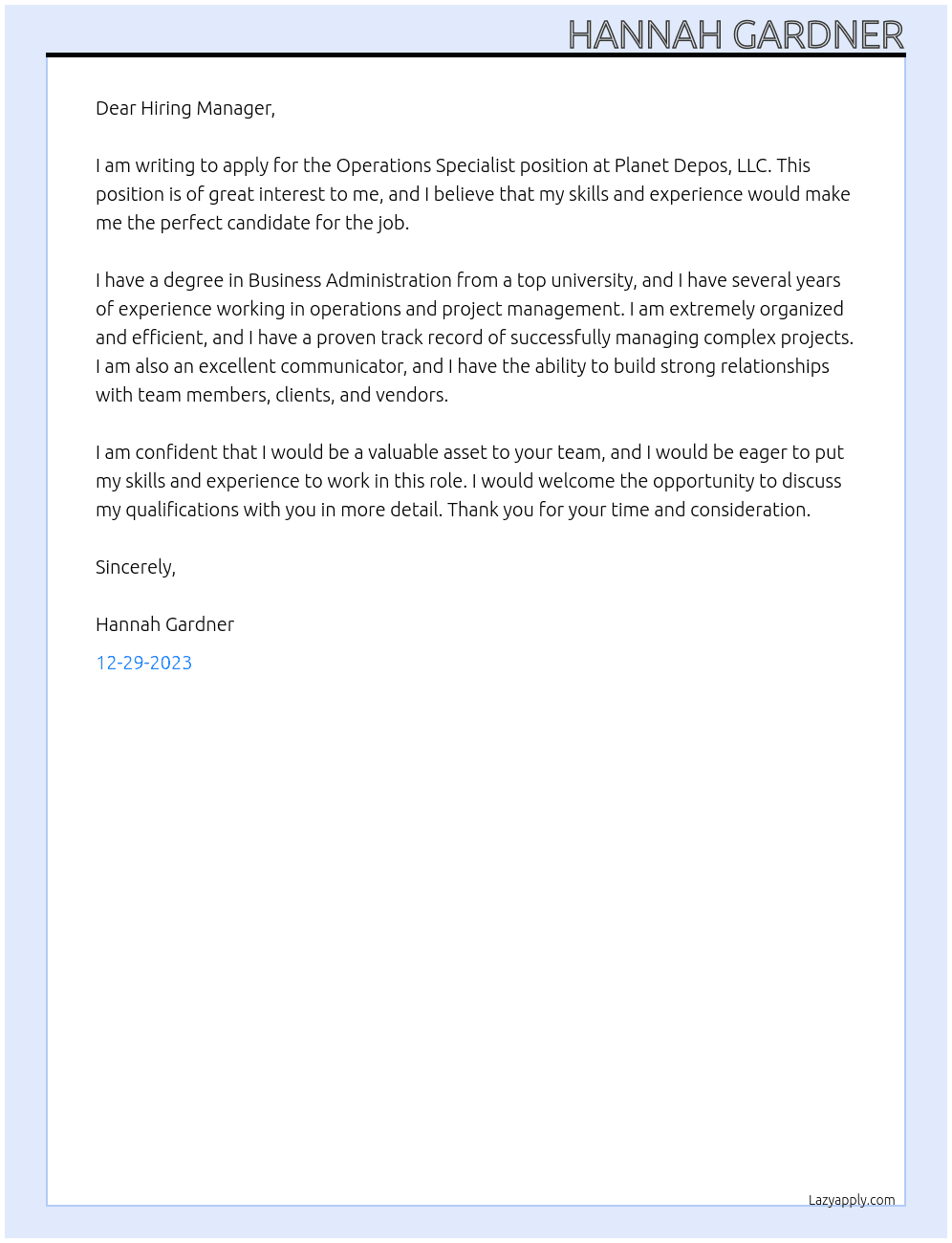 Operations Specialist At Planet Depos, LLC Cover Letter
