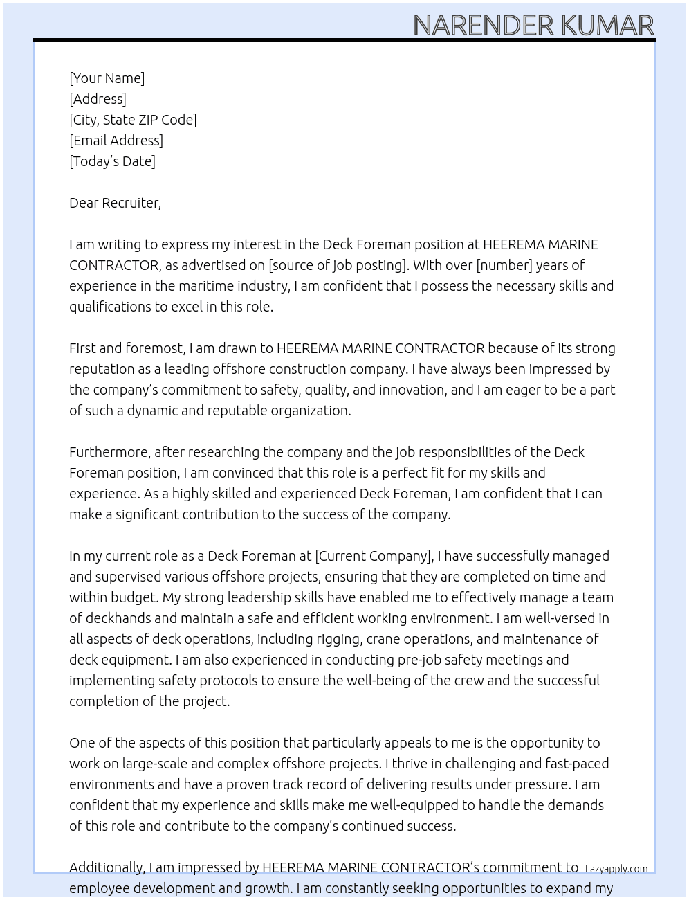 DECK FOREMAN At HEEREMA MARINE CONTRACTOR Cover Letter