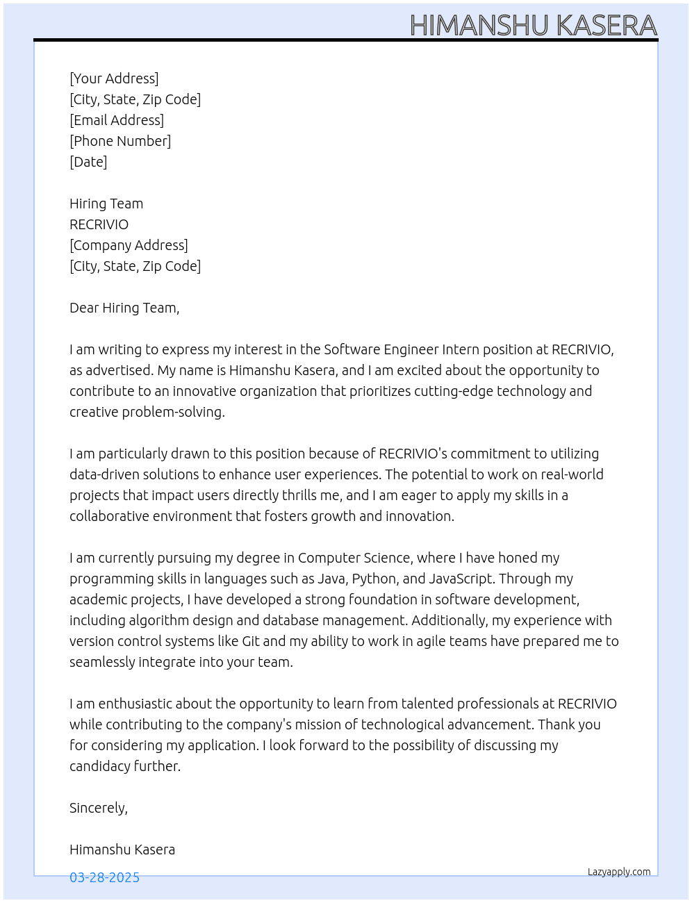 Software Engineer Intern At RECRIVIO Cover Letter