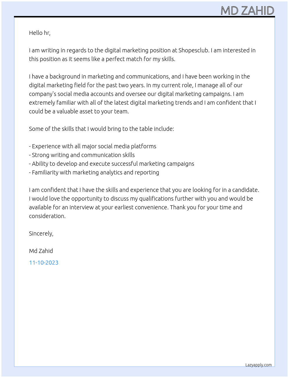 digital marketing  At Shopesclub Cover Letter