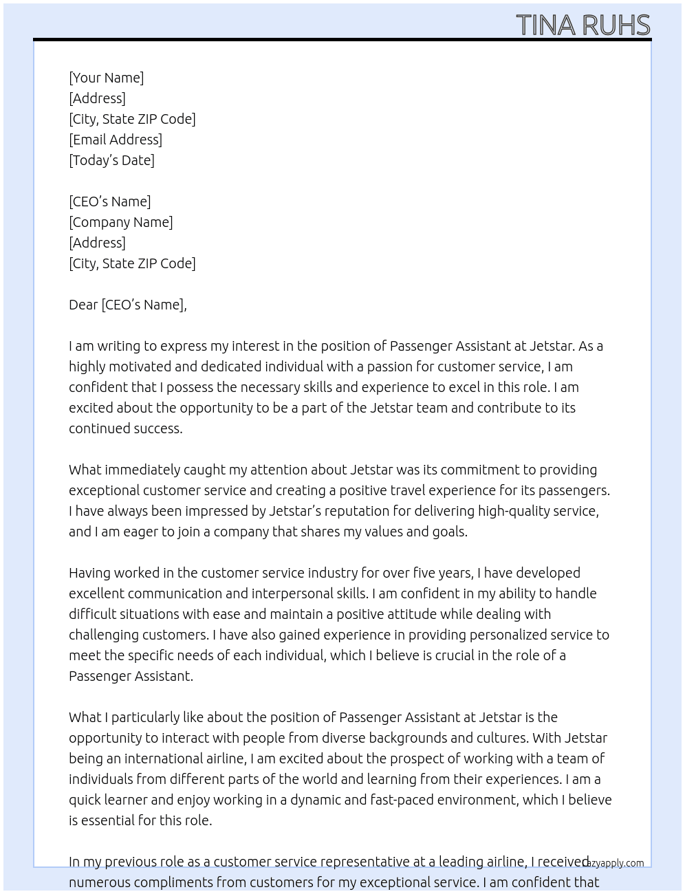 Passenger Assistant At jetstar Cover Letter