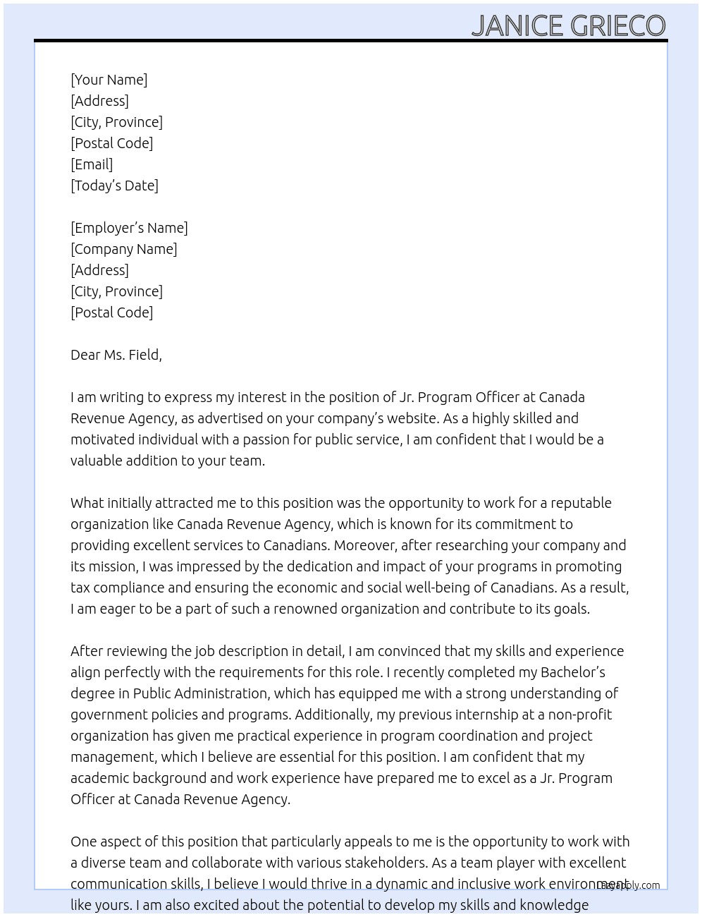Jr. Program Officer At Canada Revenue Agency Cover Letter