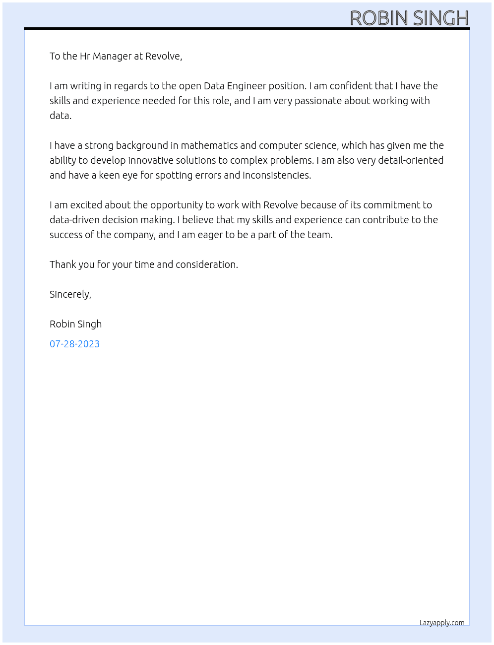Data Engineer At Revolve Cover Letter