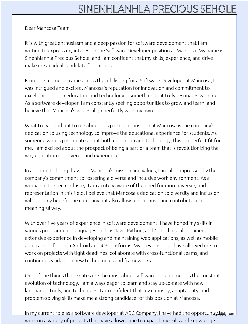 Software developer  At Mancosa  Cover Letter