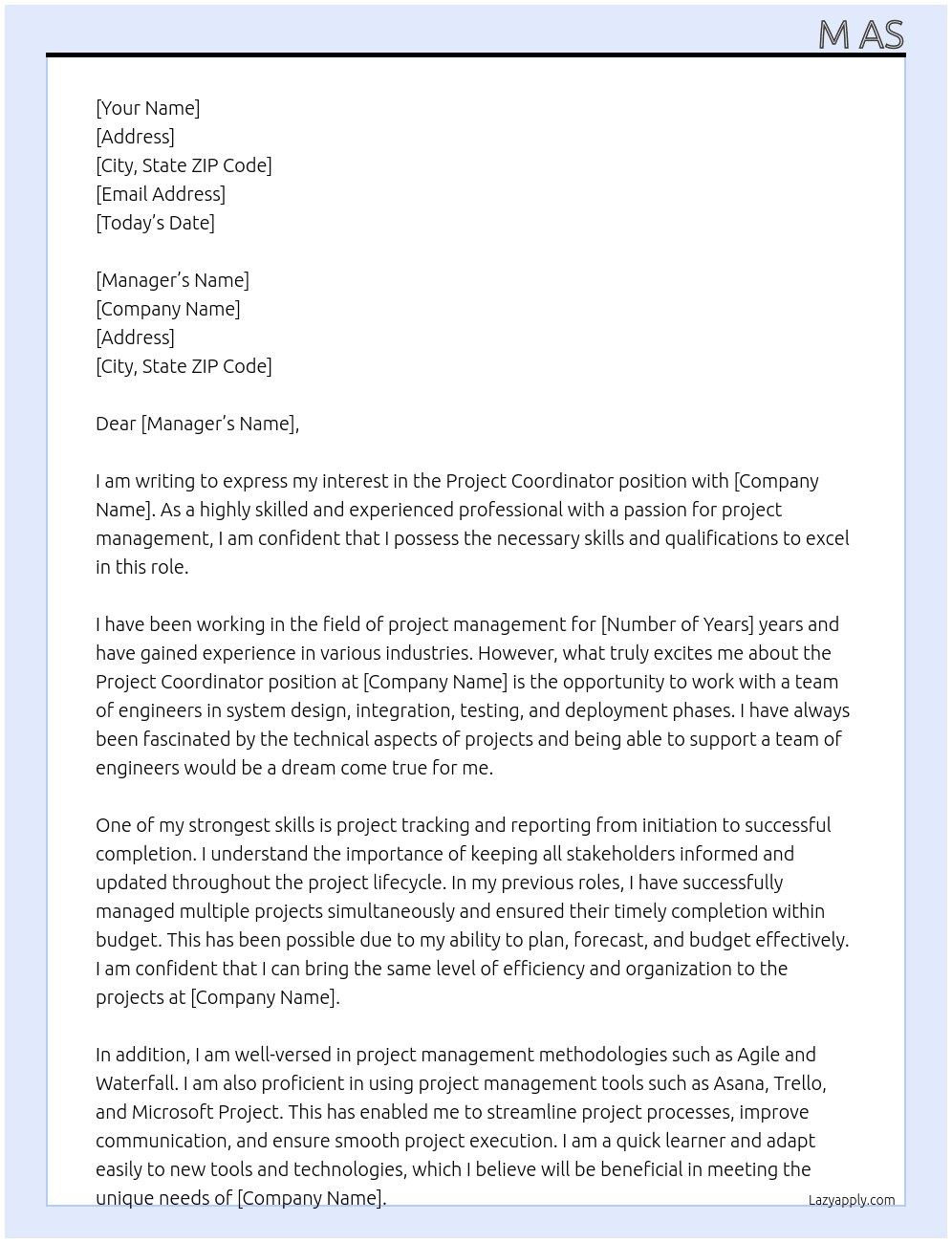 project coordinator At klkl Cover Letter