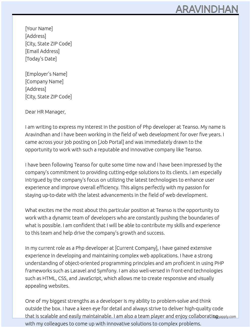 Php developer  At Teanso Cover Letter