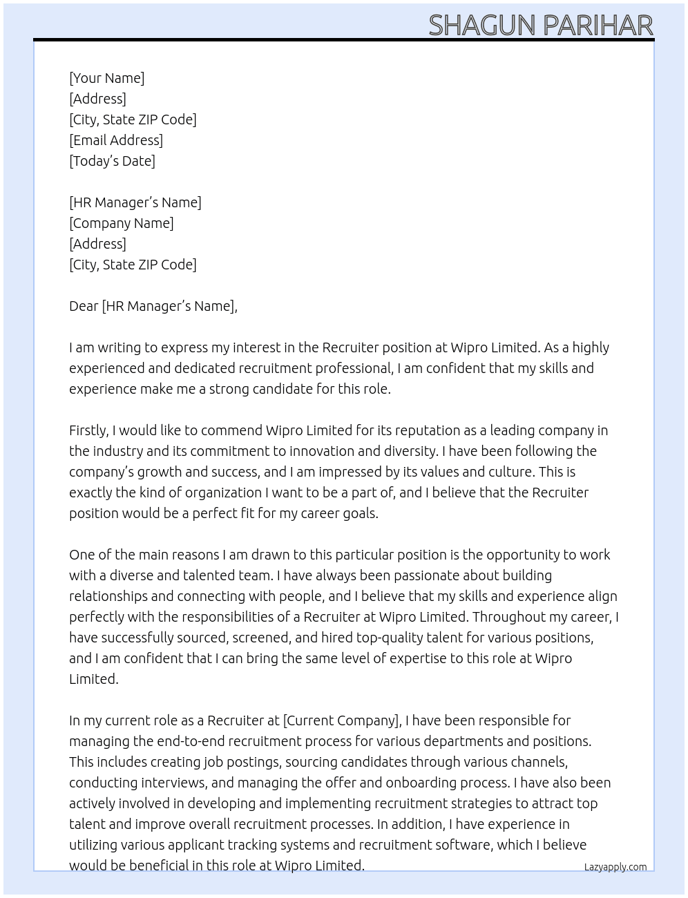 Recruiter At Wipro limited Cover Letter