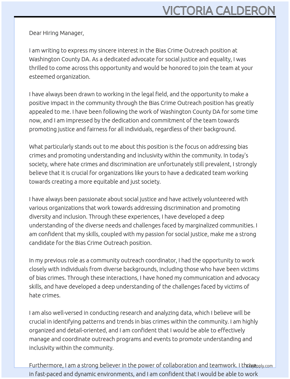 Bias Crime Outreach At Washington County DA Cover Letter